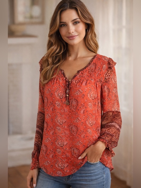 Sundance Tops - Sundance Long Sleeve Viscose Crinkle Top Sz S Boho Smocked Paisley Peasant V Nec